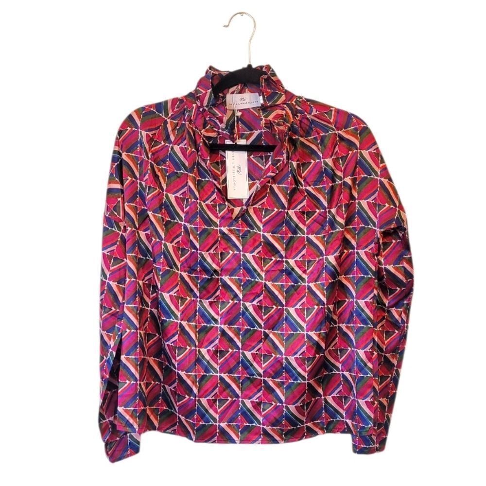 Never A Wallflower Women's Pink Geometric Ruffle Neck Blouse Size S NWT